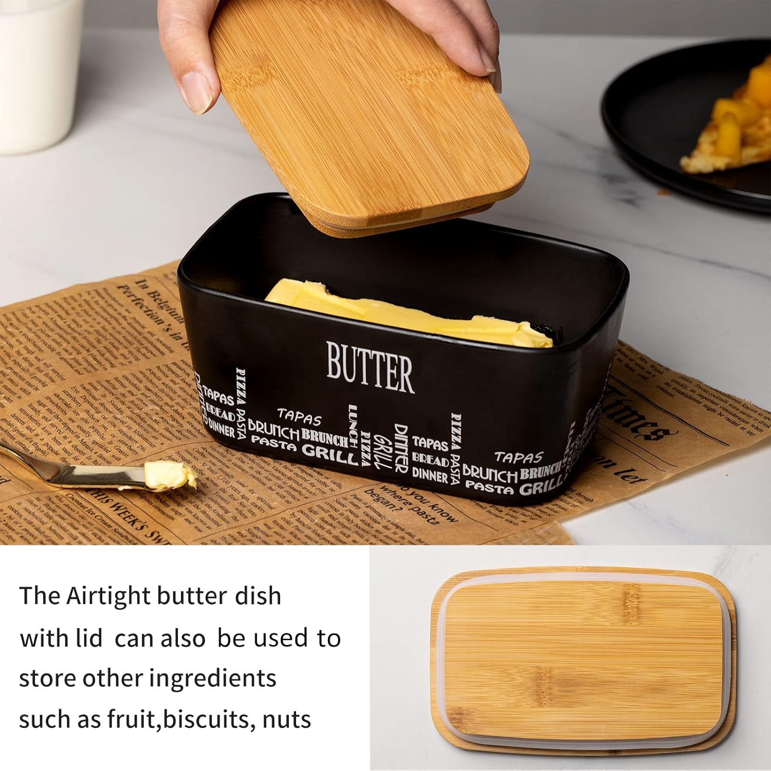 Farmhouse Butter Dish with Lid for Countertop, Butter Keeper & Holder, Butter Container for Fridge with Wooden Freshness Seal