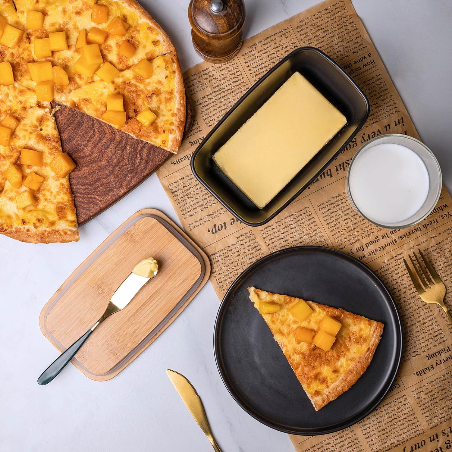 Farmhouse Butter Dish with Lid for Countertop, Butter Keeper & Holder, Butter Container for Fridge with Wooden Freshness Seal