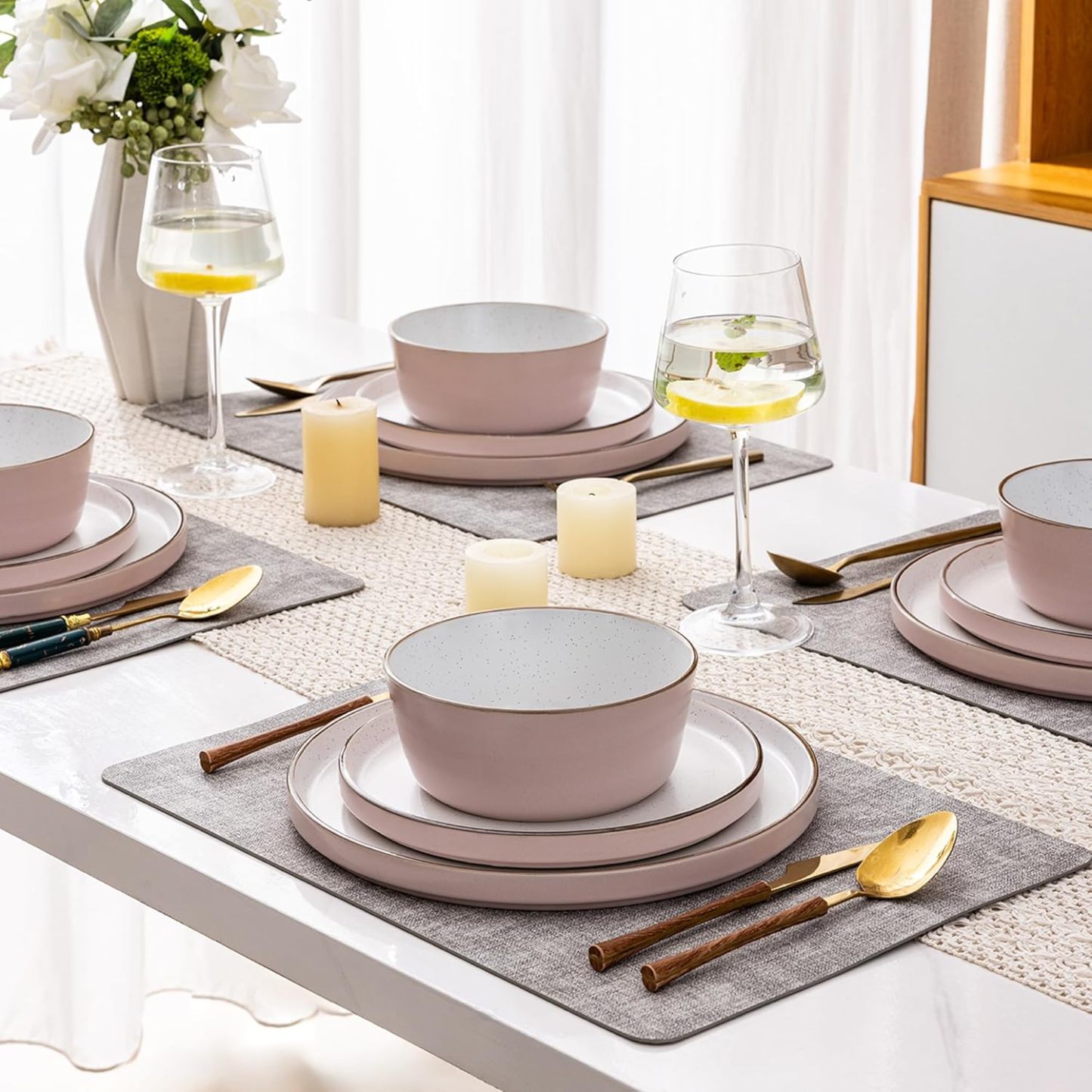 Dinnerware Set for 4, 12 Pieces Ceramic Plates and Bowls Set, Handcrafted Speckled Stoneware Plates Set, Dishwasher & Microwave Safe Dishes Set - (Pink, Service for 4)