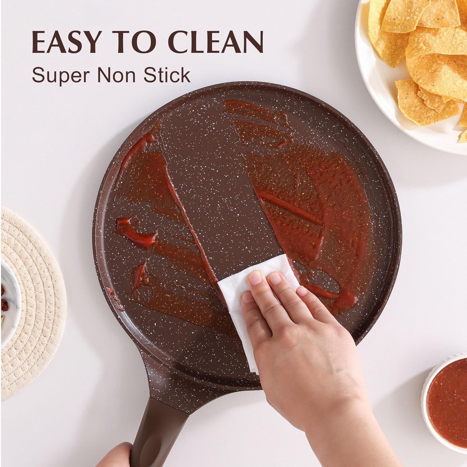 Nonstick Crepe Pan, Swiss Granite Coating Dosa Pan Pancake Flat Skillet Tawa Griddle 10-Inch with Stay-Cool Handle, Induction Compatible, PFOA Free (Toffee Brown)