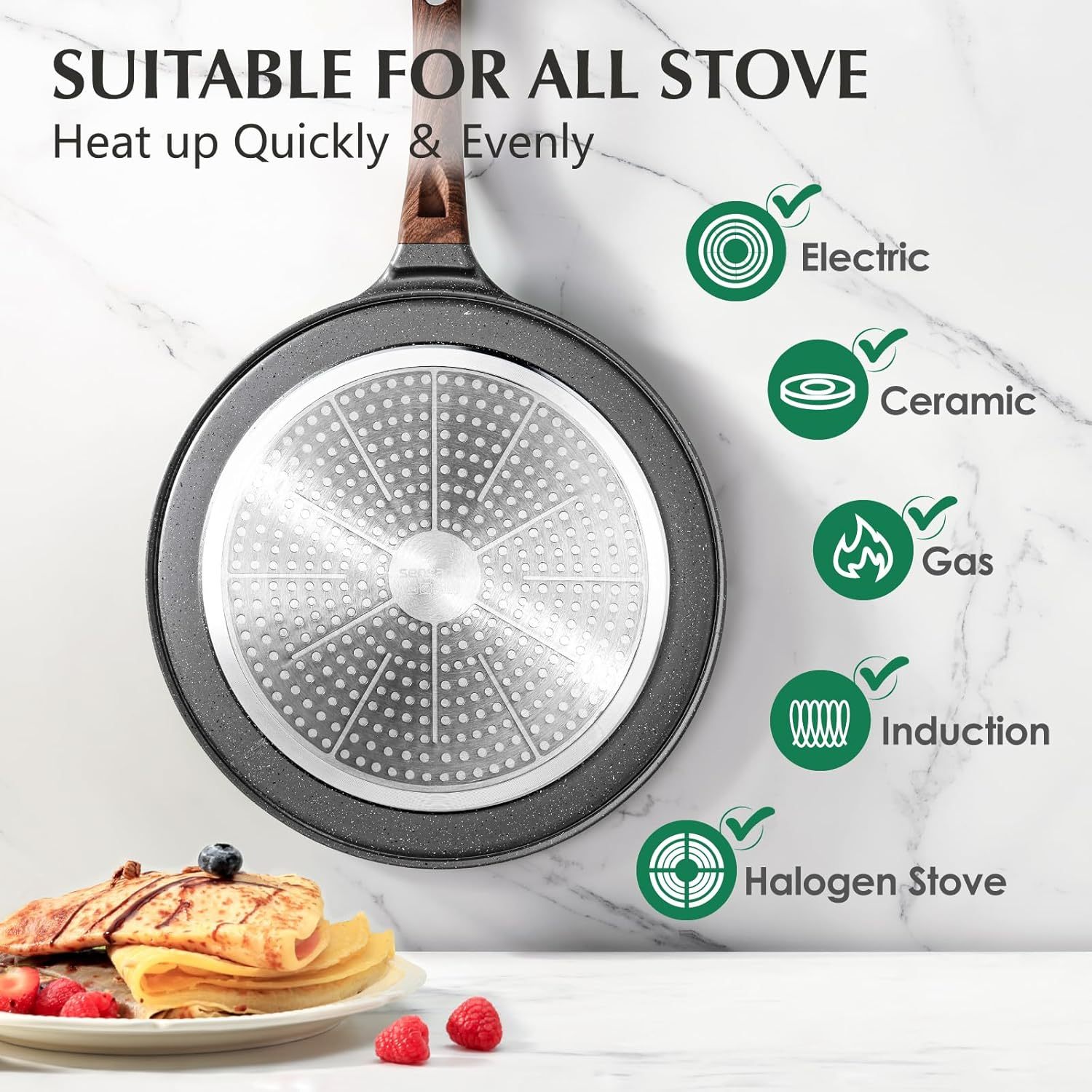 Nonstick Crepe Pan, Swiss Granite Coating Dosa Pan Pancake Flat Skillet Tawa Griddle 10-Inch with Stay-Cool Handle, Induction Compatible, PFOA Free