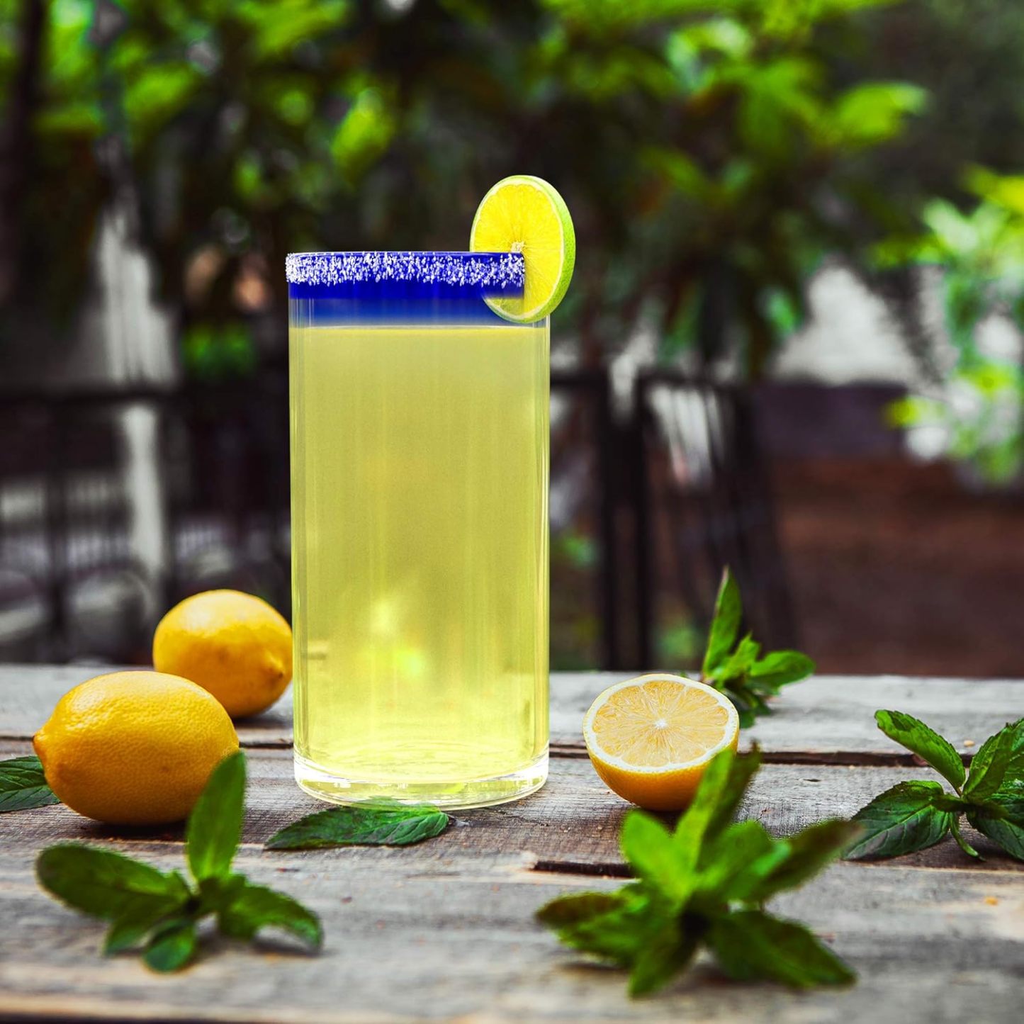 Hand Blown Blue Mexican Drinking Glasses and Pitcher - Set of 6 with Blue Rim Design (14 oz each) and Pitcher (84 Ounces)