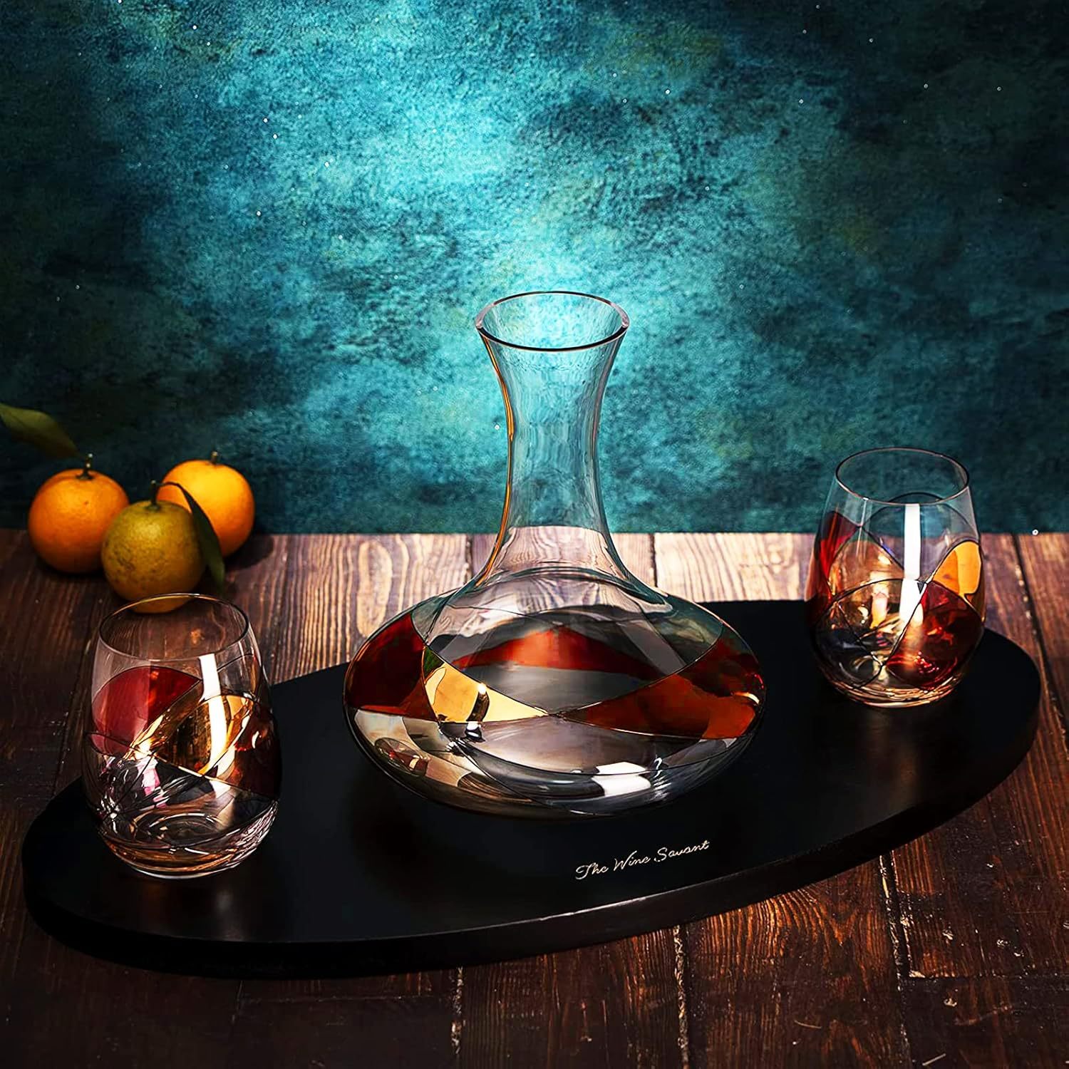 Artisanal Hand Painted Decanter & Stemless Wine Glasses Set - Renaissance Romantic Stain-glassed Windows, 2 Set