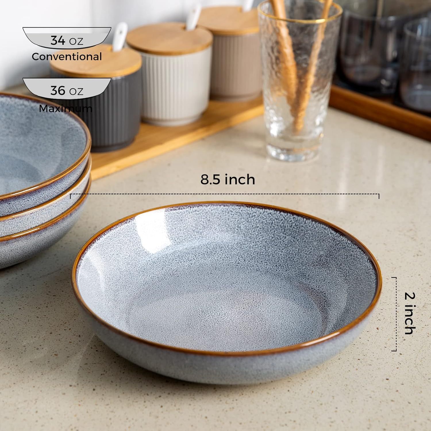 8.5'' Large Ceramic Pasta Bowls Set, 36oz Stoneware Bowls Set of 4 for Kitchen, Reavtive Glaze Bowls-Microwave, Dishwasher Safe for Pasta,Salad,Oatmeal -Blue