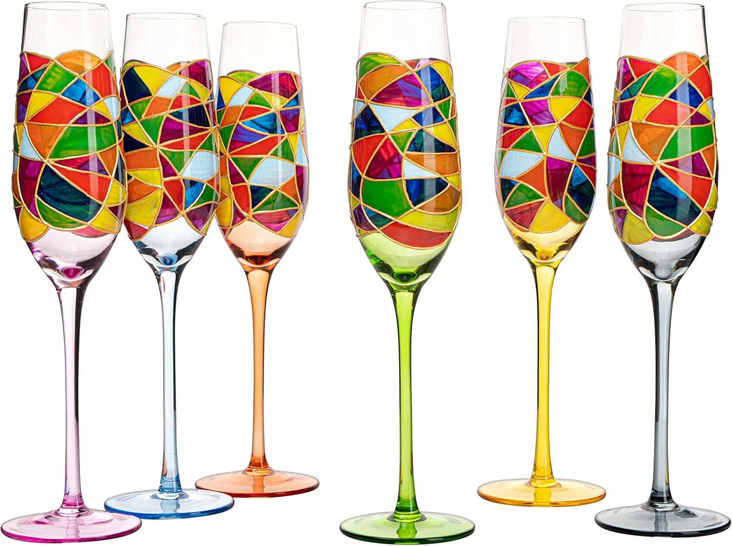 Hand Blown 7 Ounce Colorful Renaissance Champagne Glasses - 10.2" Tall, 2.7" Diameter