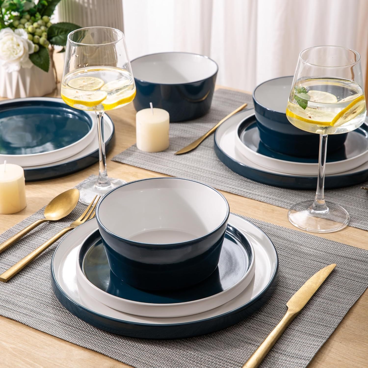 Dinnerware Sets for 6, 18 Piece Stoneware Plates and Bowls Set, Chip and Crack Resistant Plates Set, Dishwasher & Microwave Safe Ceramic Dishes Set - (Blue and White, Service for 6)