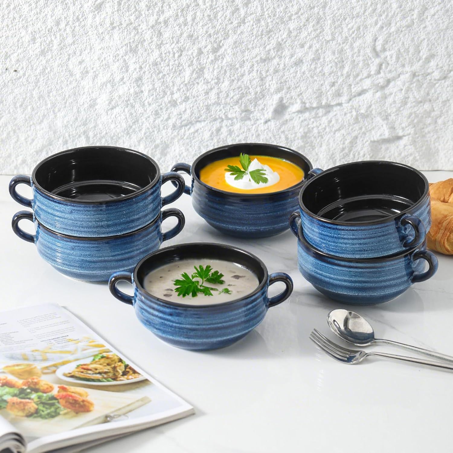 Soup Bowls, 24oz French Onion Soup Bowls with Handle Set of 6, Serving Soup Crock for Stew, Pasta, Chili, Stackable Oven Safe Bowls, Microwave Dishwasher Safe, Blue