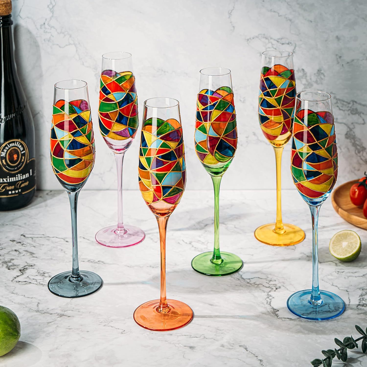 Hand Blown 7 Ounce Colorful Renaissance Champagne Glasses - 10.2" Tall, 2.7" Diameter