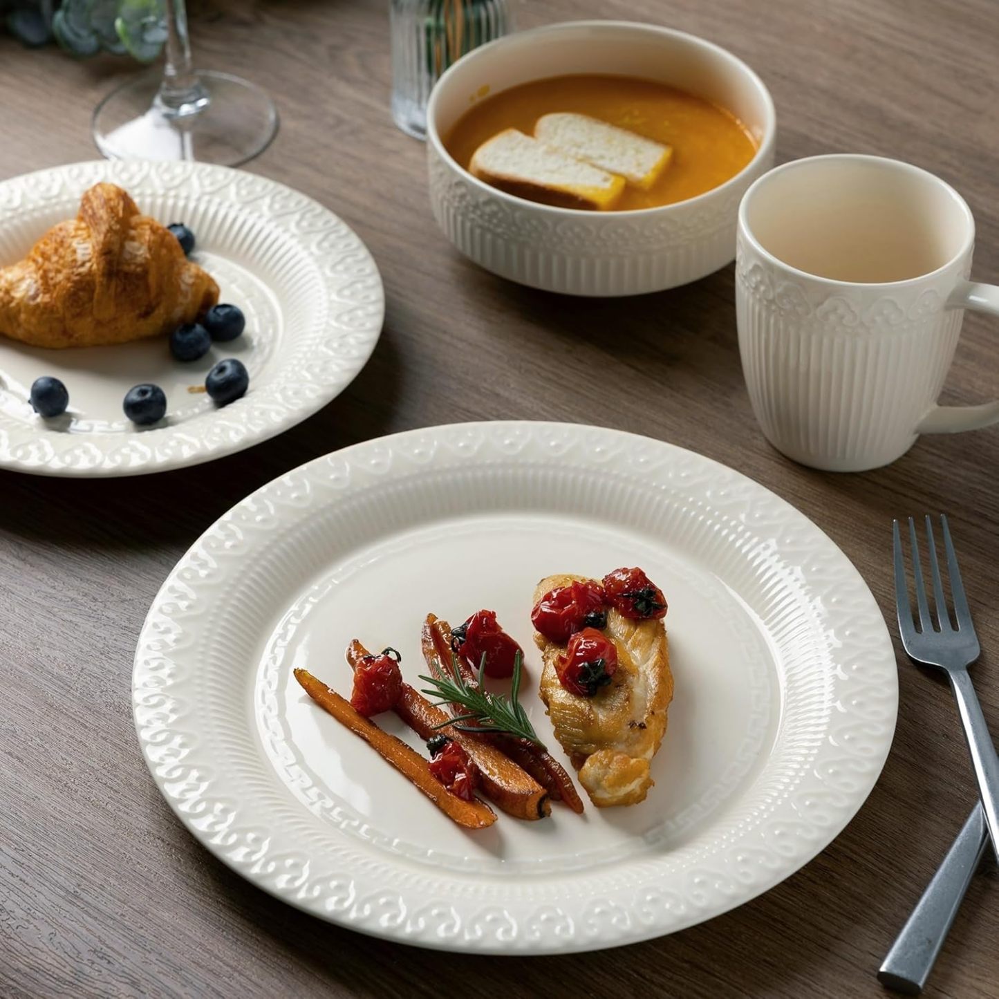 Ceramic Dinnerware Sets for 4, 12 Pieces Plates and Bowls Set with Embossed Royal Pattern, Scratch Resistant Stoneware Dish Sets for Dinner, Oven,Dishwasher & Microwave Safe