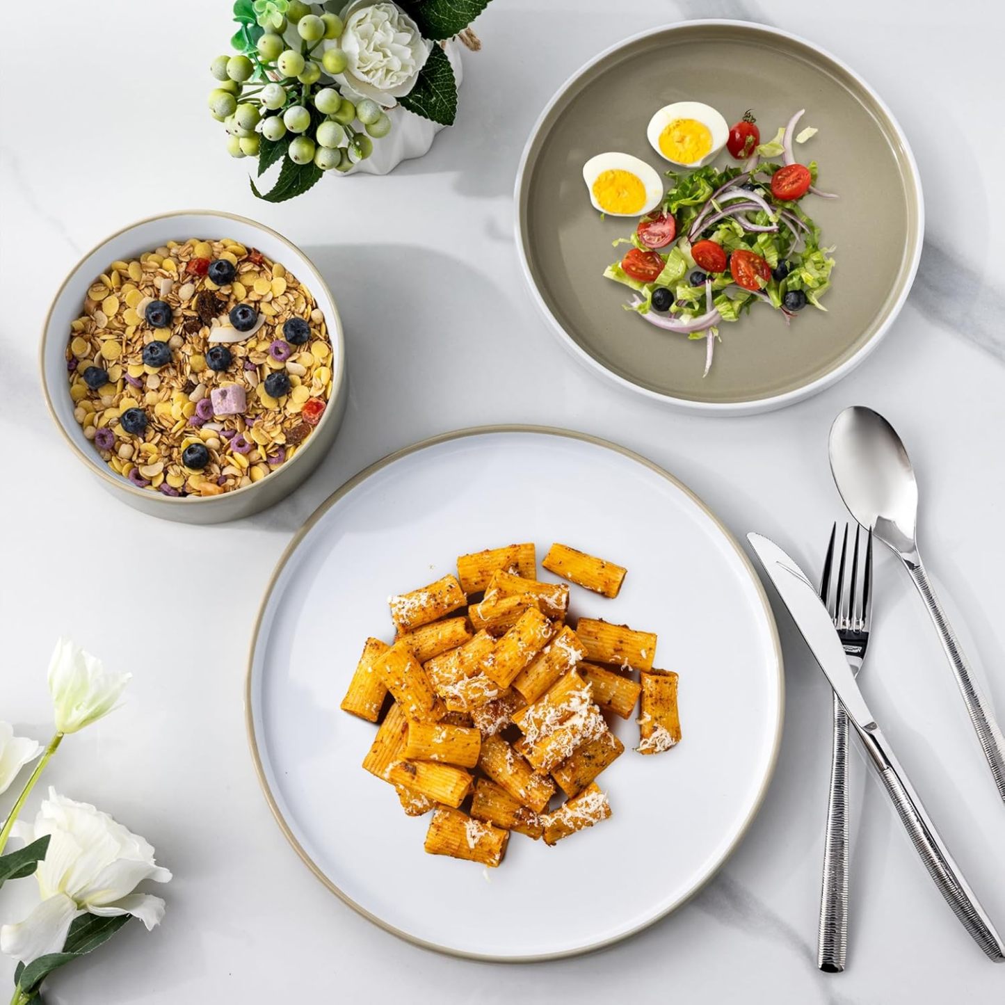 Ceramic Dinnerware Sets for 4, Modern Stoneware Plates and Bowls Sets,Chip and Crack Resistant | Dishwasher & Microwave Safe Ceramic Dishes Set,Service for 4 (12pc)-White&Khaki