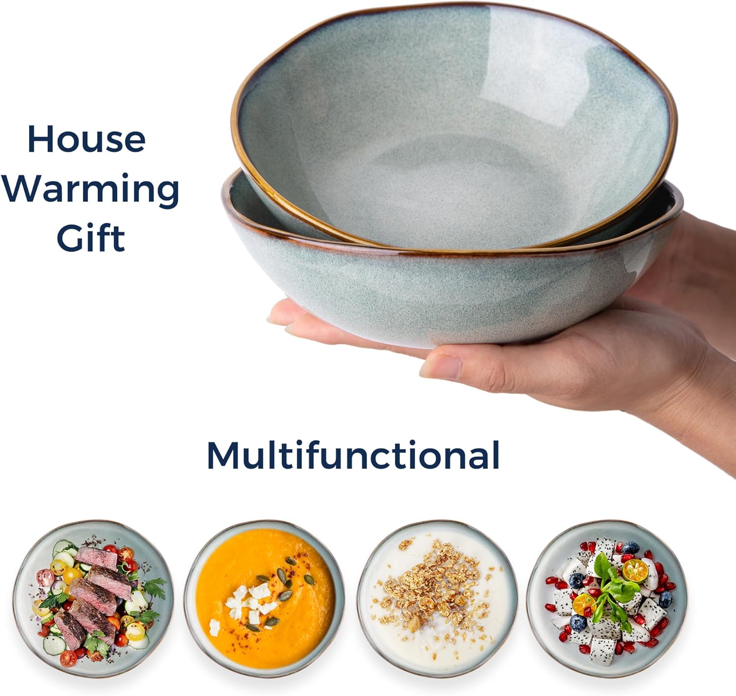 Ceramic Cereal Bowls Set of 4, 24 oz Handmade Stoneware Bowls for Cereal Soup Salad Bread, Stylish Kitchen Bowls for Meal, Dishwasher & Microwave Safe, Greenish Blue