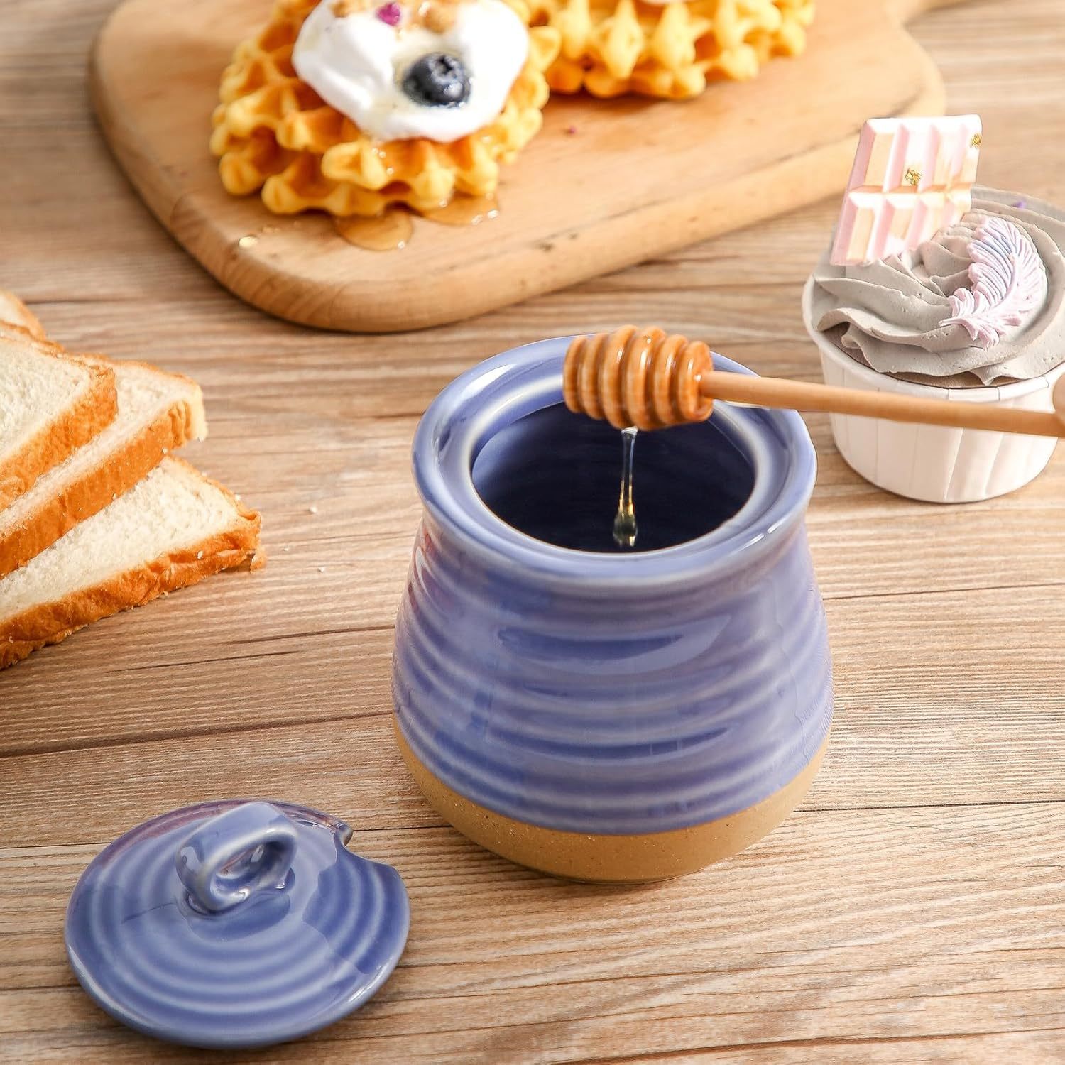 Honey Dipper Stick and Jar Set, Ceramic Honey Pot with Lid and Wooden Dipper, 12 oz Honey Jar for Home Decor