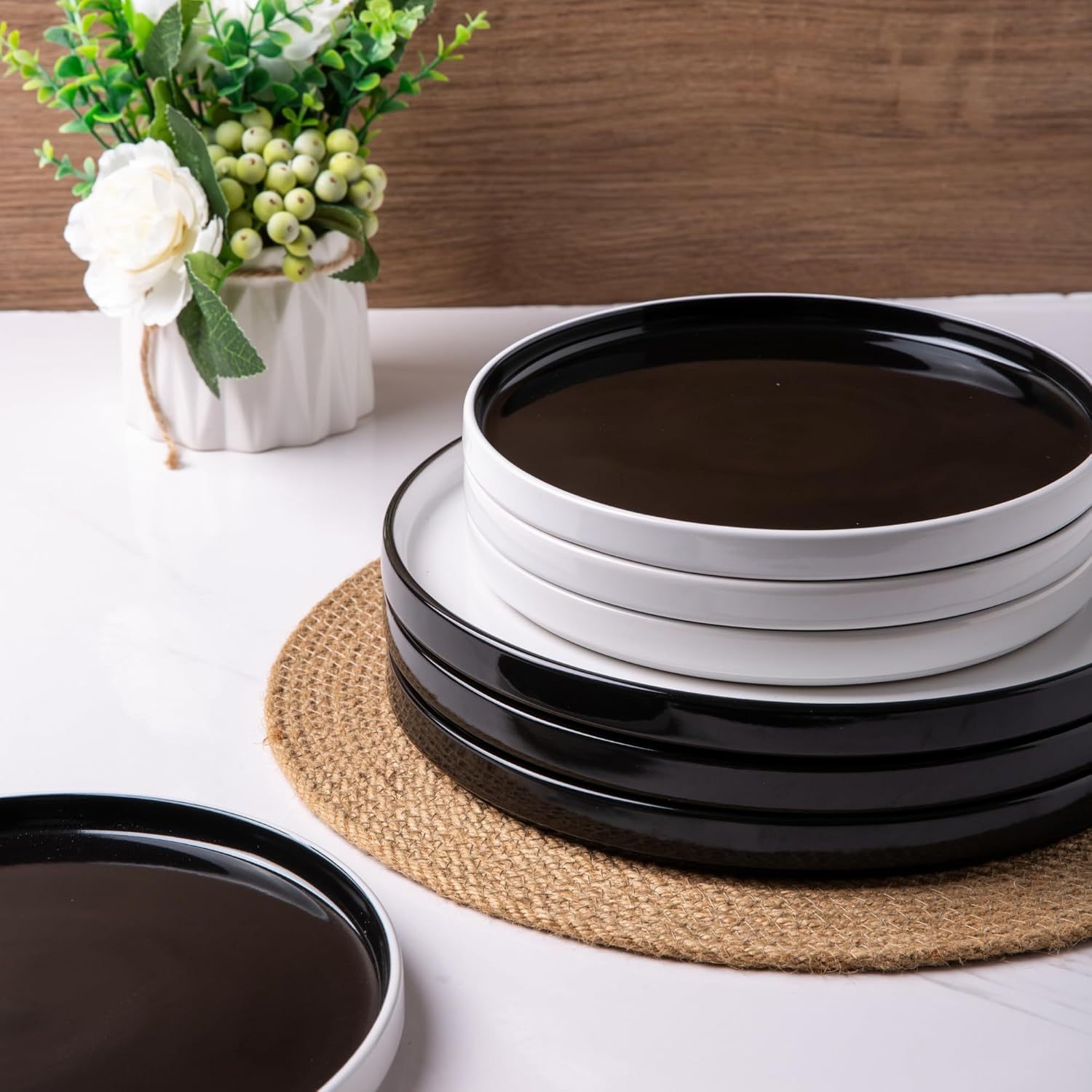 Dinnerware Sets for 4, 12 Piece Stoneware Plates and Bowls Set, Chip and Crack Resistant Plates Set, Dishwasher & Microwave Safe Ceramic Dishes Set - (Black and White, Service for 4)