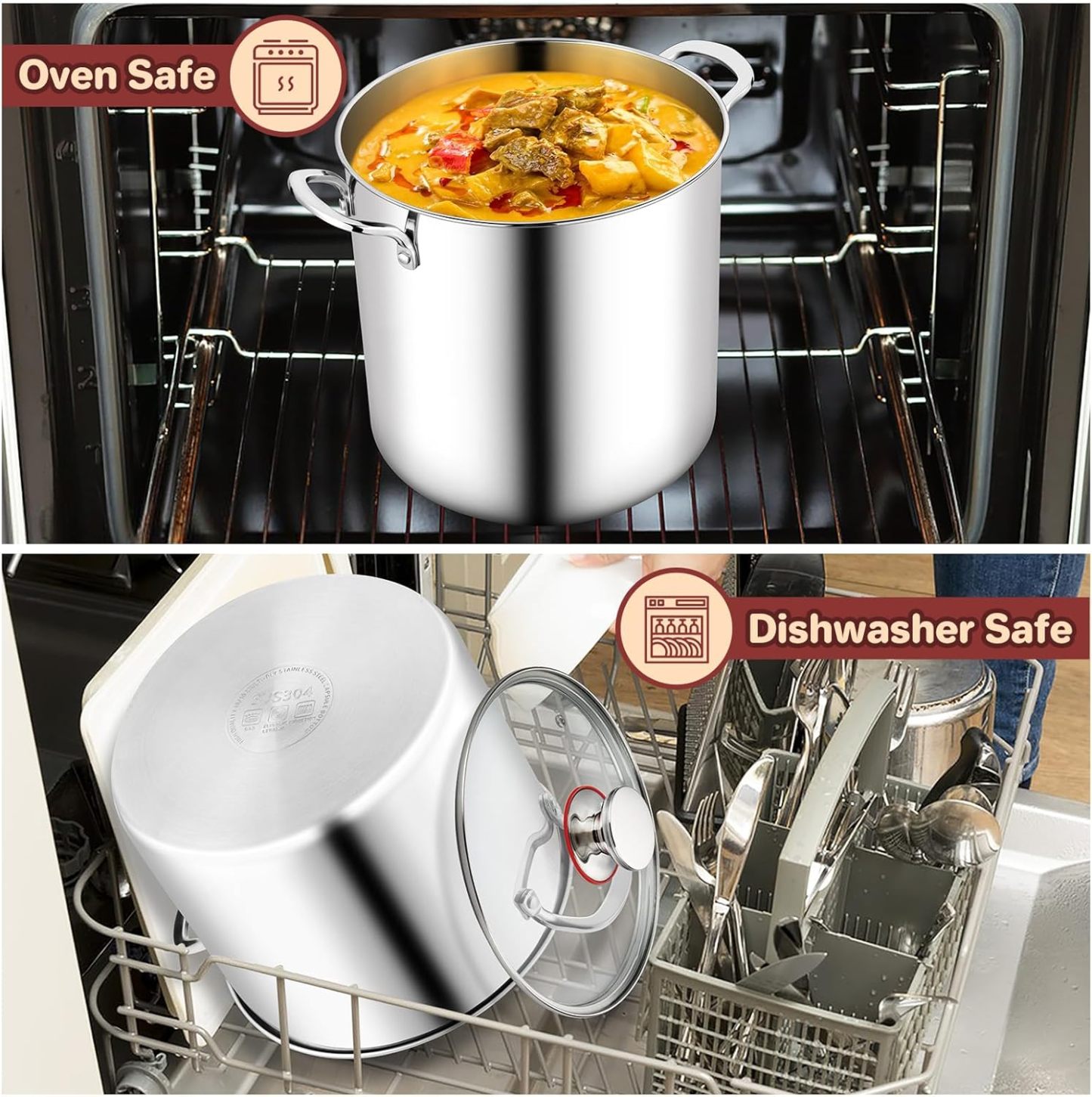 12 Quart Stock Pot, Stainless Steel Tri-ply Stockpot Large Pasta Soup Cooking Pot with Clear Lid, for Induction Gas Electric Ceramic, Healthy & Heavy Duty, Solid Handles & Dishwasher Safe
