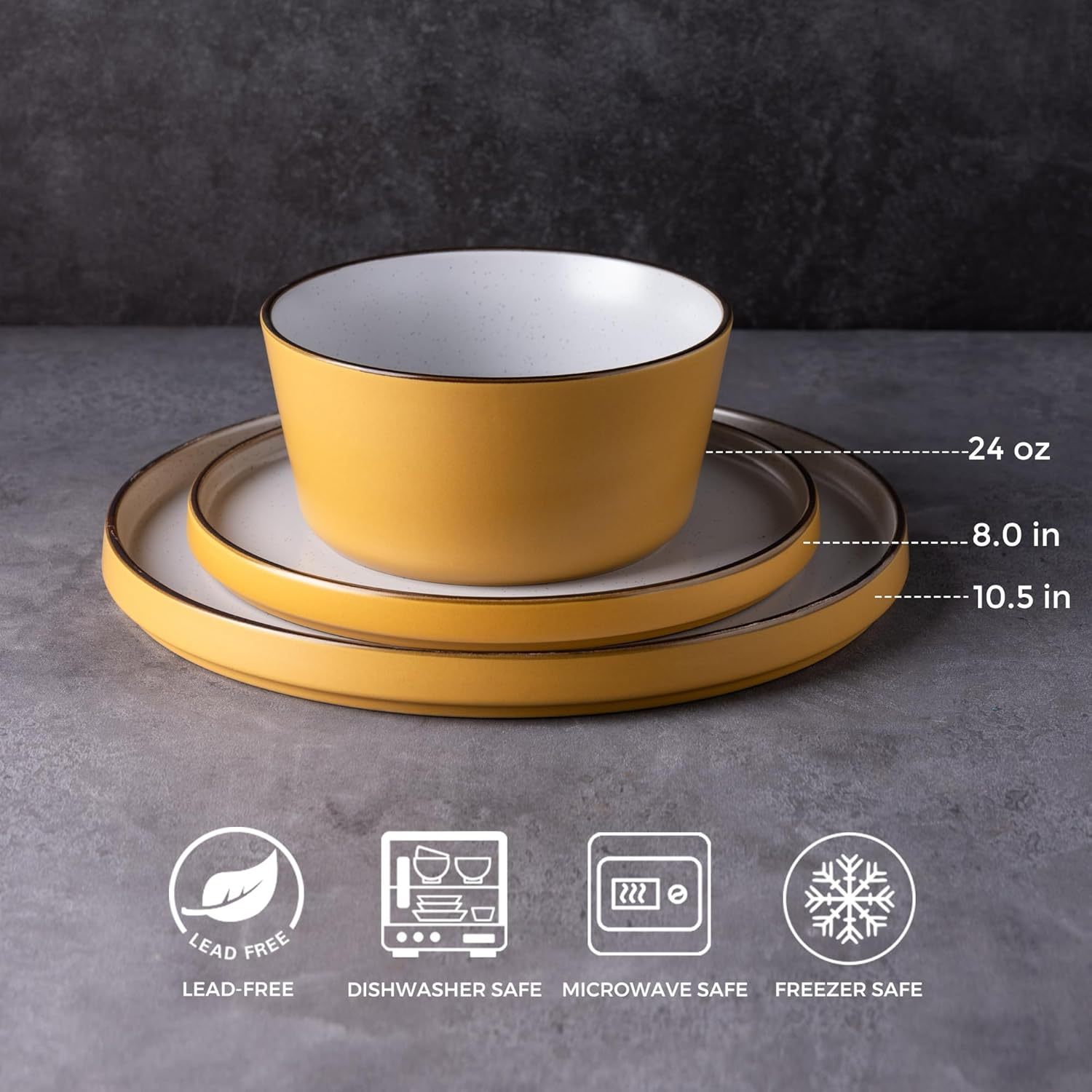 Dinnerware Set for 4, 12 Pieces Ceramic Plates and Bowls Set, Handcrafted Speckled Stoneware Plates Set, Dishwasher & Microwave Safe Dishes Set - (Yellow, Service for 4)