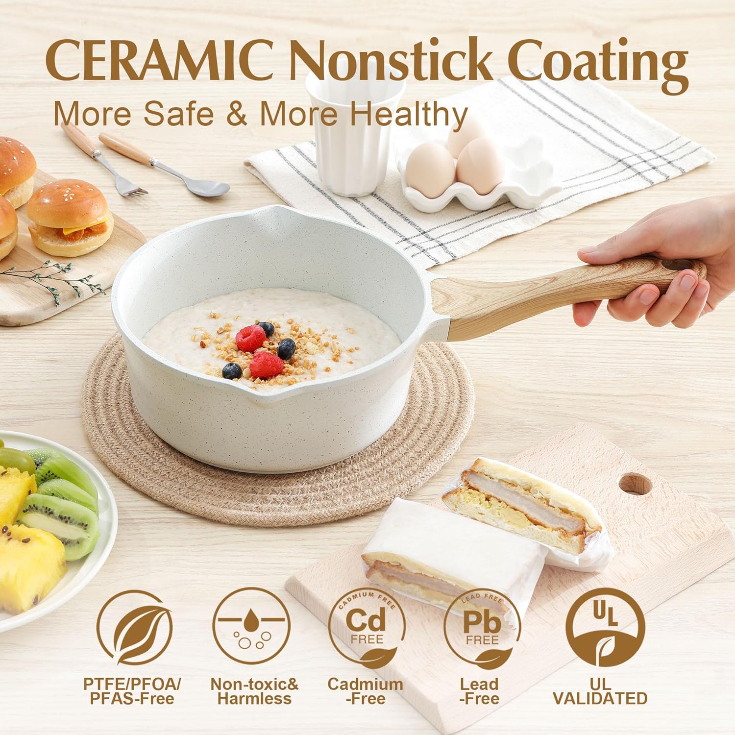 White Ceramic Nonstick Saucepan with Double Spout 3.0 Quarts, Medium Cooking Pot with Stay Cool Handle, Induction Compatible Saucepot with Lid, White Granite Coating, PFOA/PFAS Free