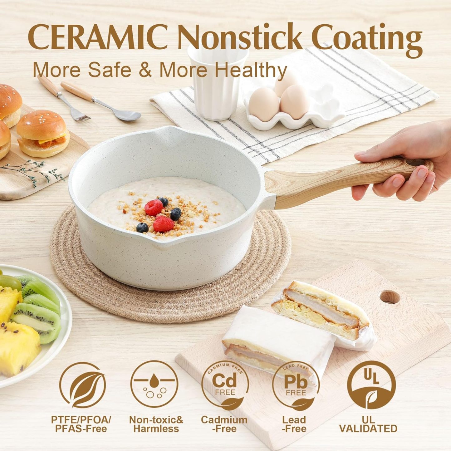 White Ceramic Nonstick Saucepan with Double Spout 3.0 Quarts, Medium Cooking Pot with Stay Cool Handle, Induction Compatible Saucepot with Lid, White Granite Coating, PFOA/PFAS Free