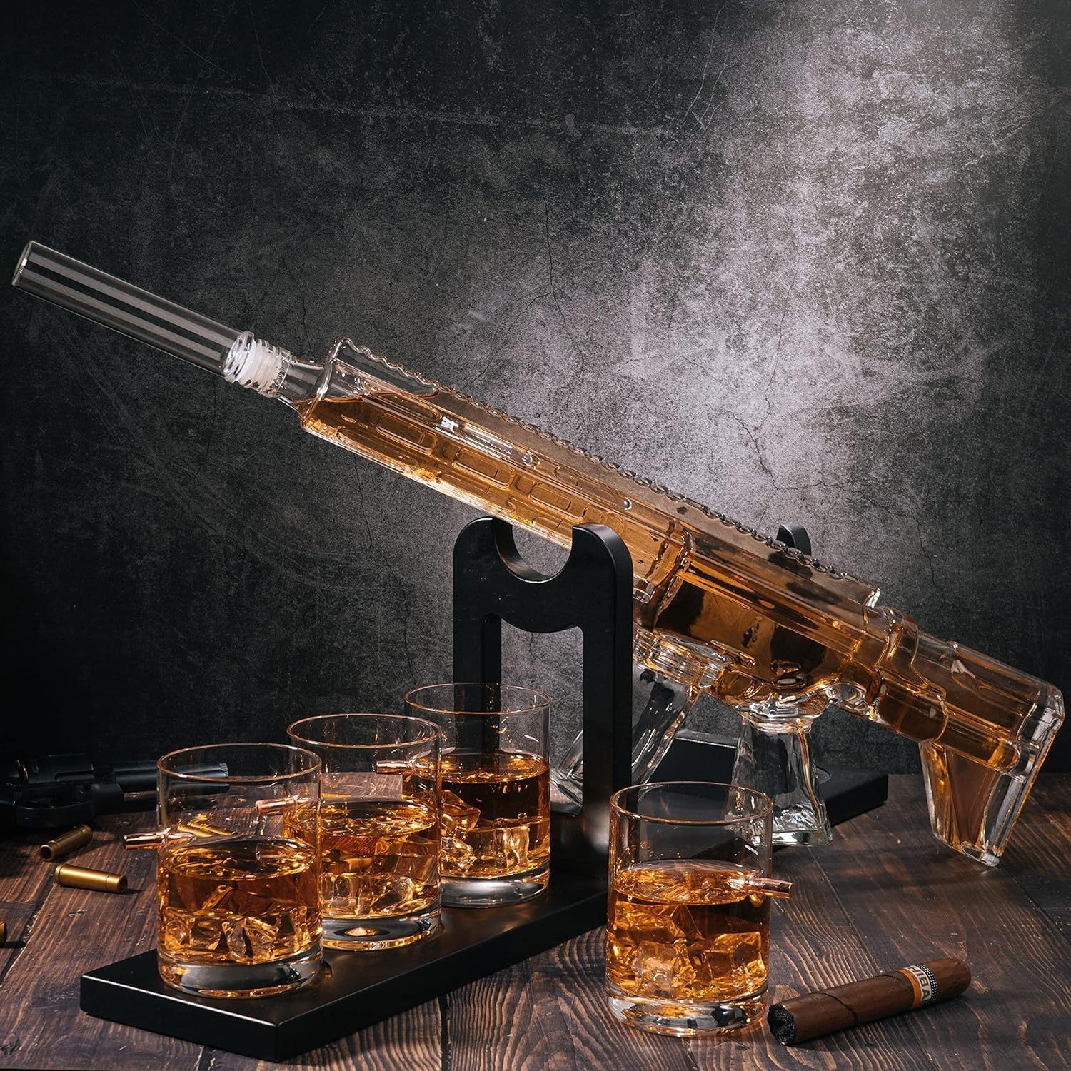 Whiskey Decanter Set - Gun AR Limited Edition, Silencer Stopper - 800 ml & 12oz Bullet Glasses