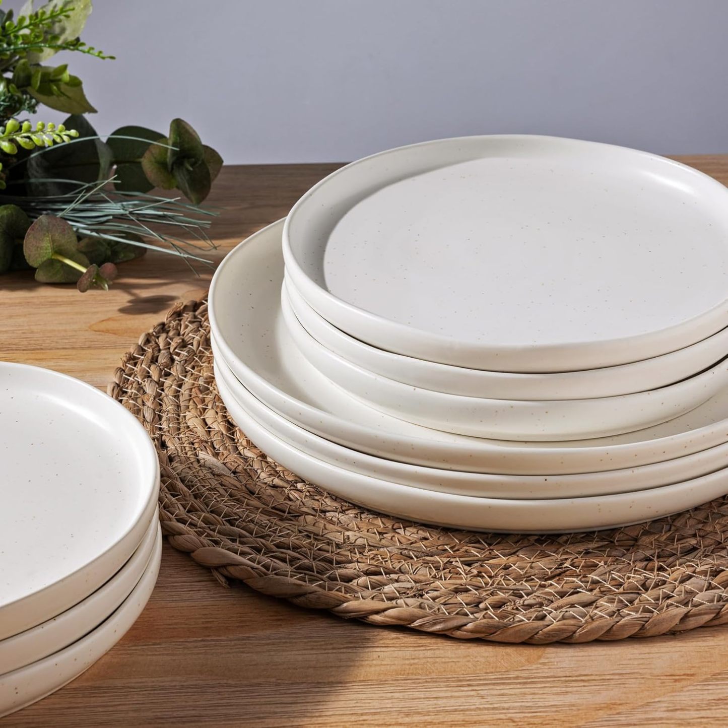 Ceramic Plates Set of 4, 8.5 In Handcrafted Wavy Rim Dish Set, Dessert, Salad, Appetizer, Small Dinner Plates, Microwave, Dishwasher Safe, Scratch Resistant - Matte Speckled White