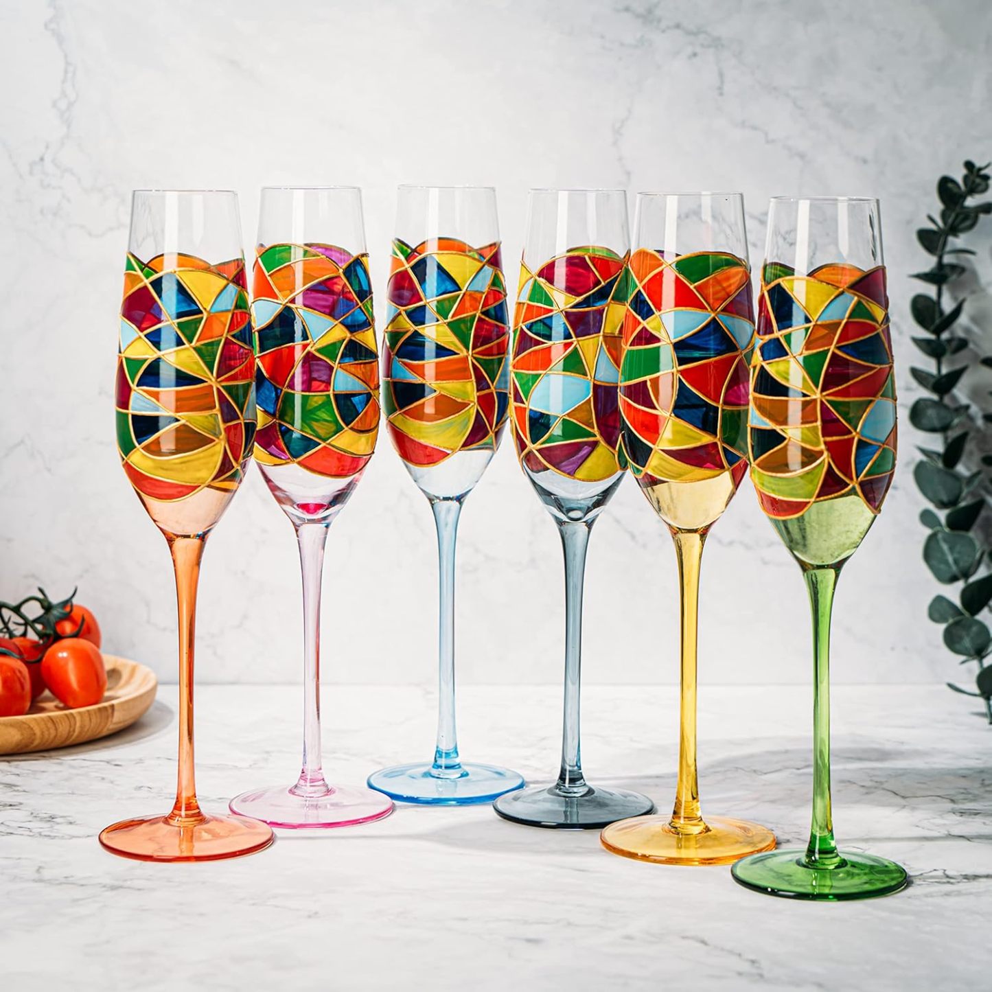 Hand Blown 7 Ounce Colorful Renaissance Champagne Glasses - 10.2" Tall, 2.7" Diameter