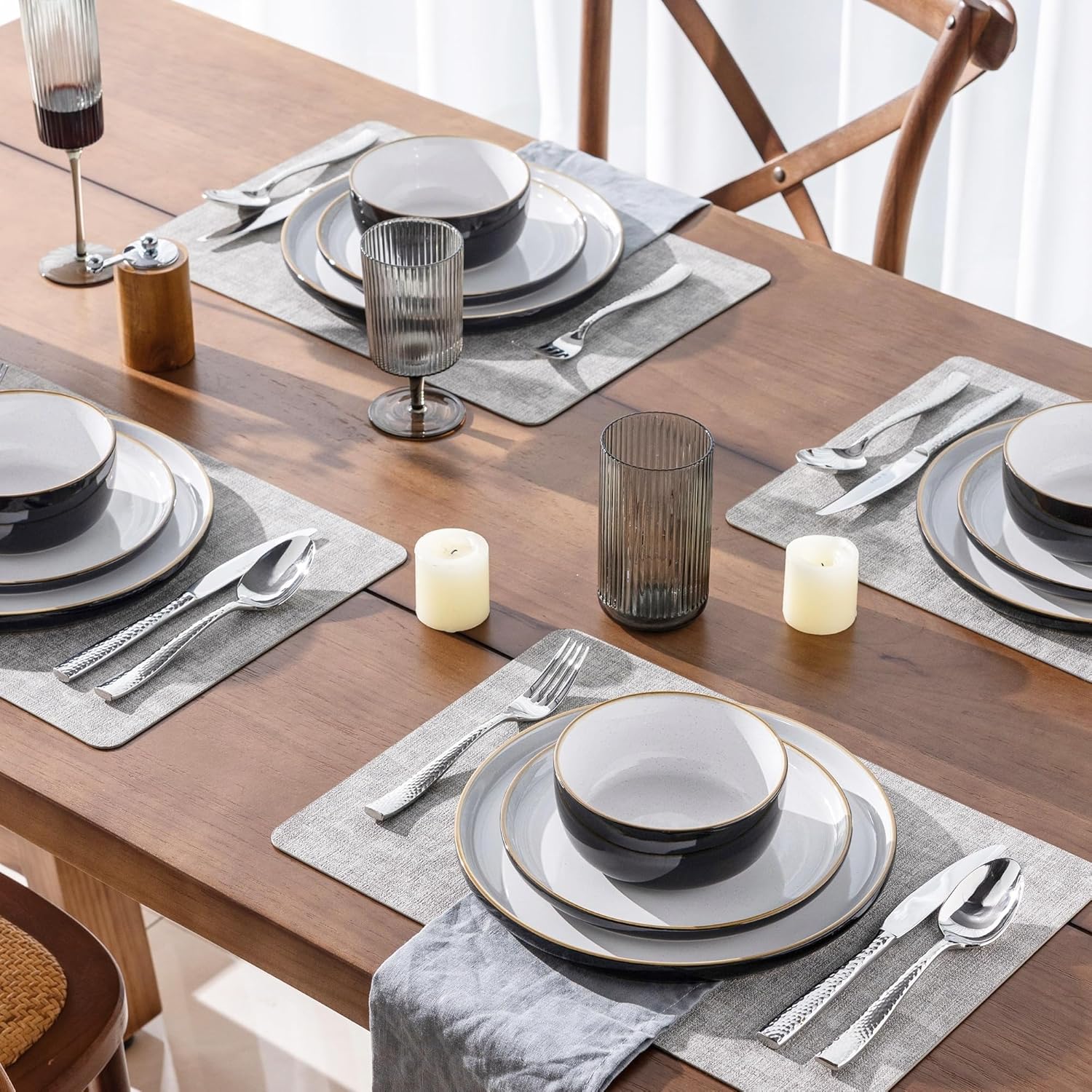 Dinnerware Set, 12 Pieces Ceramic Plates and Bowls Set, Stoneware Plates Set Handpainted, Dishwasher & Microwave Safe Dishes Set (Speckled Black & White, Service for 4)