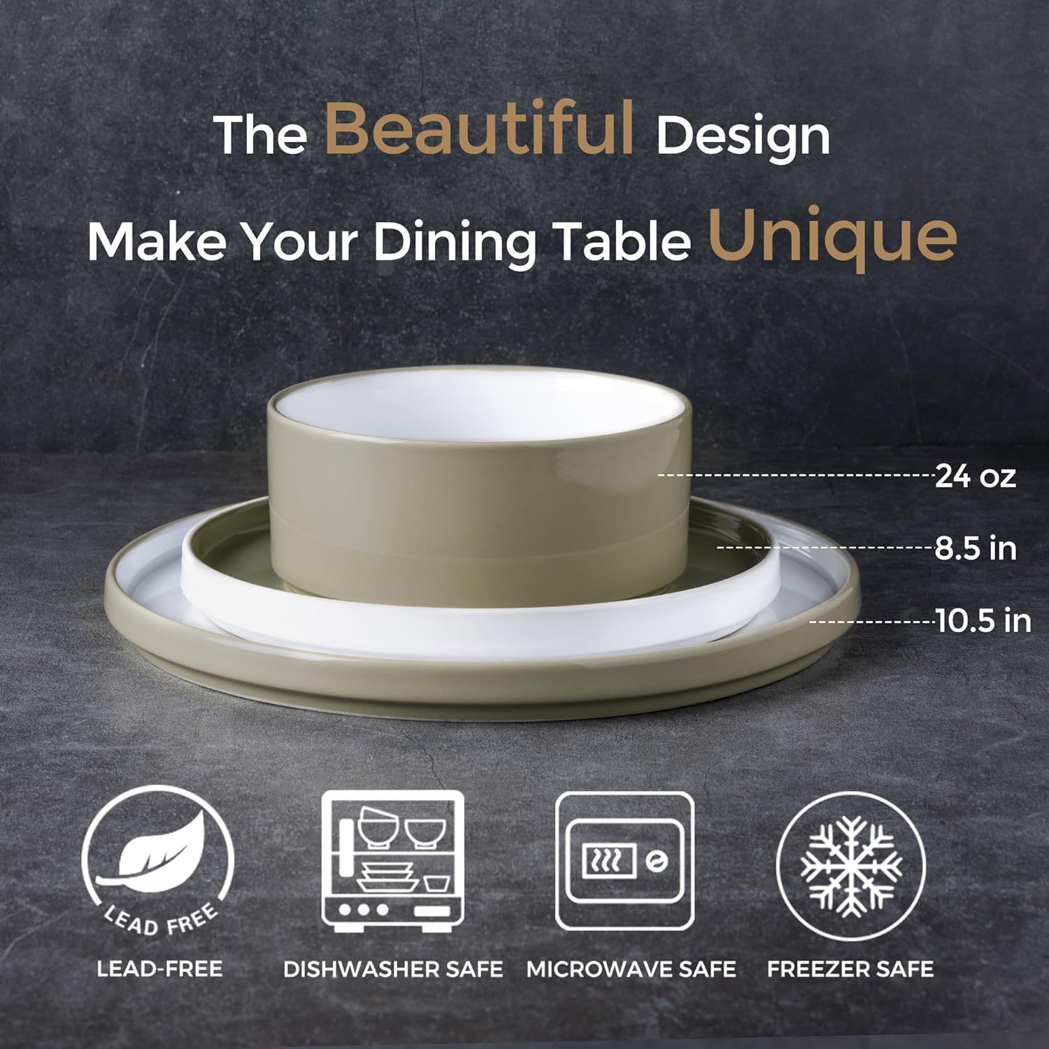 Ceramic Dinnerware Sets for 4, Modern Stoneware Plates and Bowls Sets,Chip and Crack Resistant | Dishwasher & Microwave Safe Ceramic Dishes Set,Service for 4 (12pc)-White&Khaki