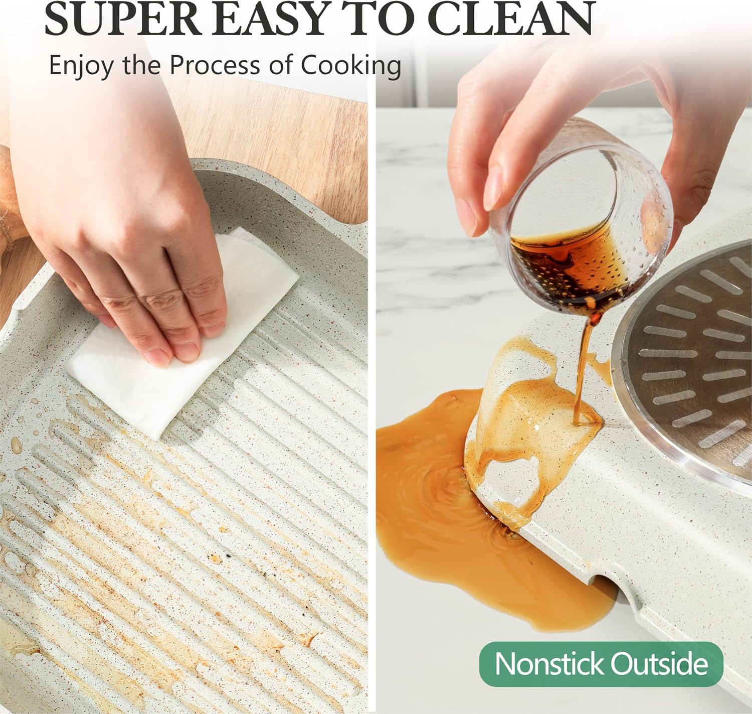 12Inch Nonstick Ceramic Grill Pan for Stove Tops, Square Grilling Pan with Pour Spouts, Non Toxic Durable Grill Skillet for All Stoves(Gas,Electric,Induction) PTFE,PFAS,PFOA Free, (White)