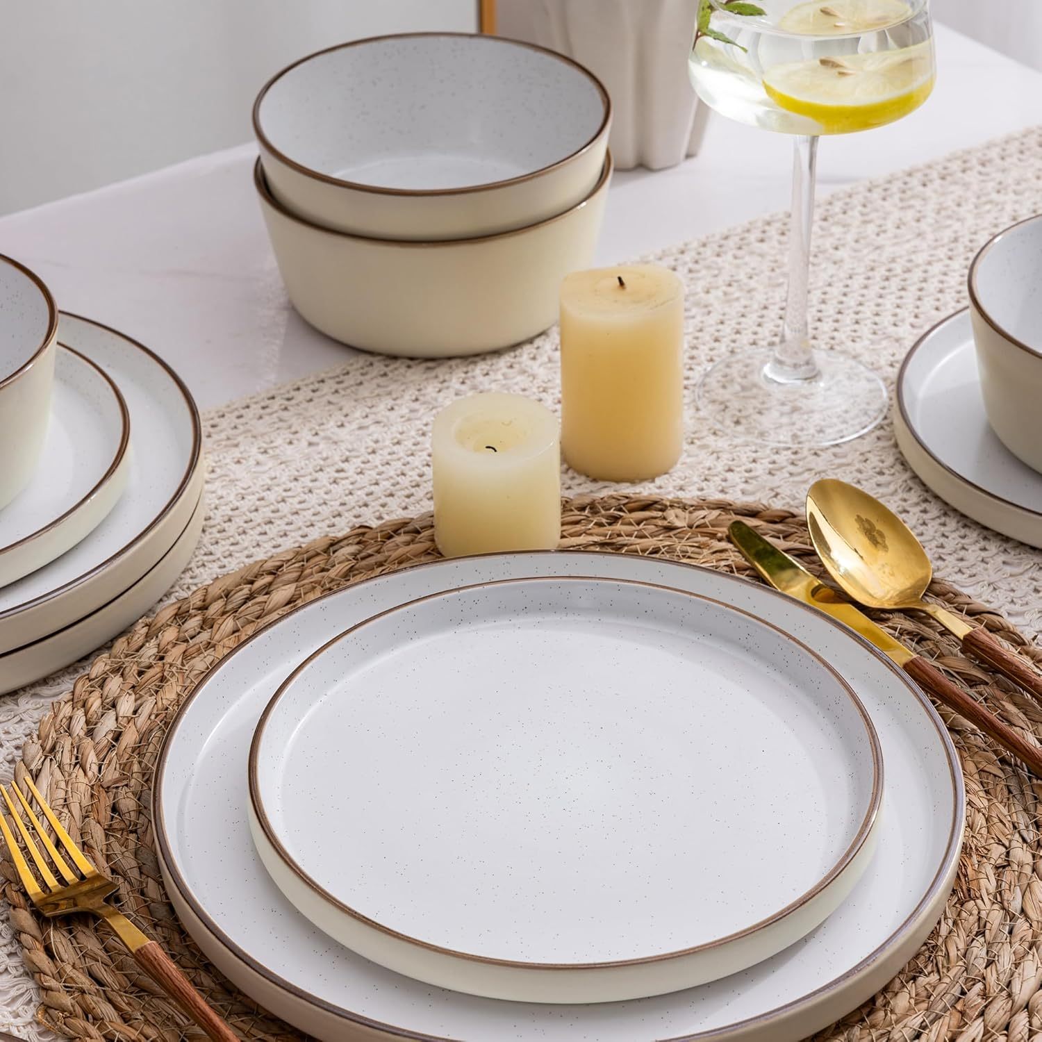 Dinnerware Set for 6, 18 Pieces Ceramic Plates and Bowls Set, Handcrafted Speckled Stoneware Plates Set, Dishwasher & Microwave Safe Dishes Set - (Cream, Service for 6)