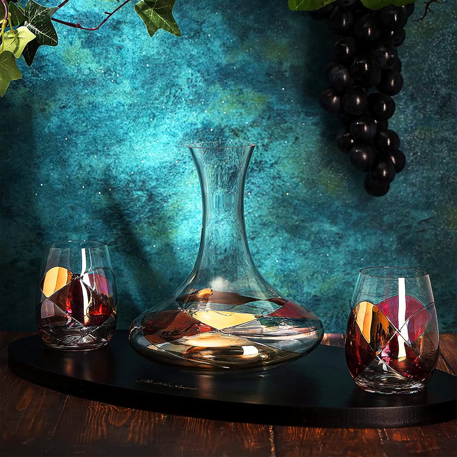 Artisanal Hand Painted Decanter & Stemless Wine Glasses Set - Renaissance Romantic Stain-glassed Windows, 2 Set