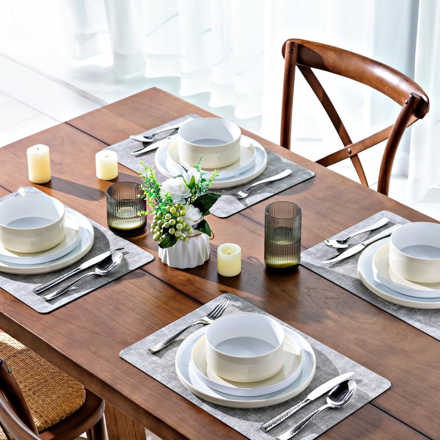 Ceramic Dinnerware Sets for 4, Modern Stoneware Plates and Bowls Sets,Chip and Crack Resistant | Dishwasher & Microwave Safe Ceramic Dishes Set,Service for 4 (12pc)-White&Beige