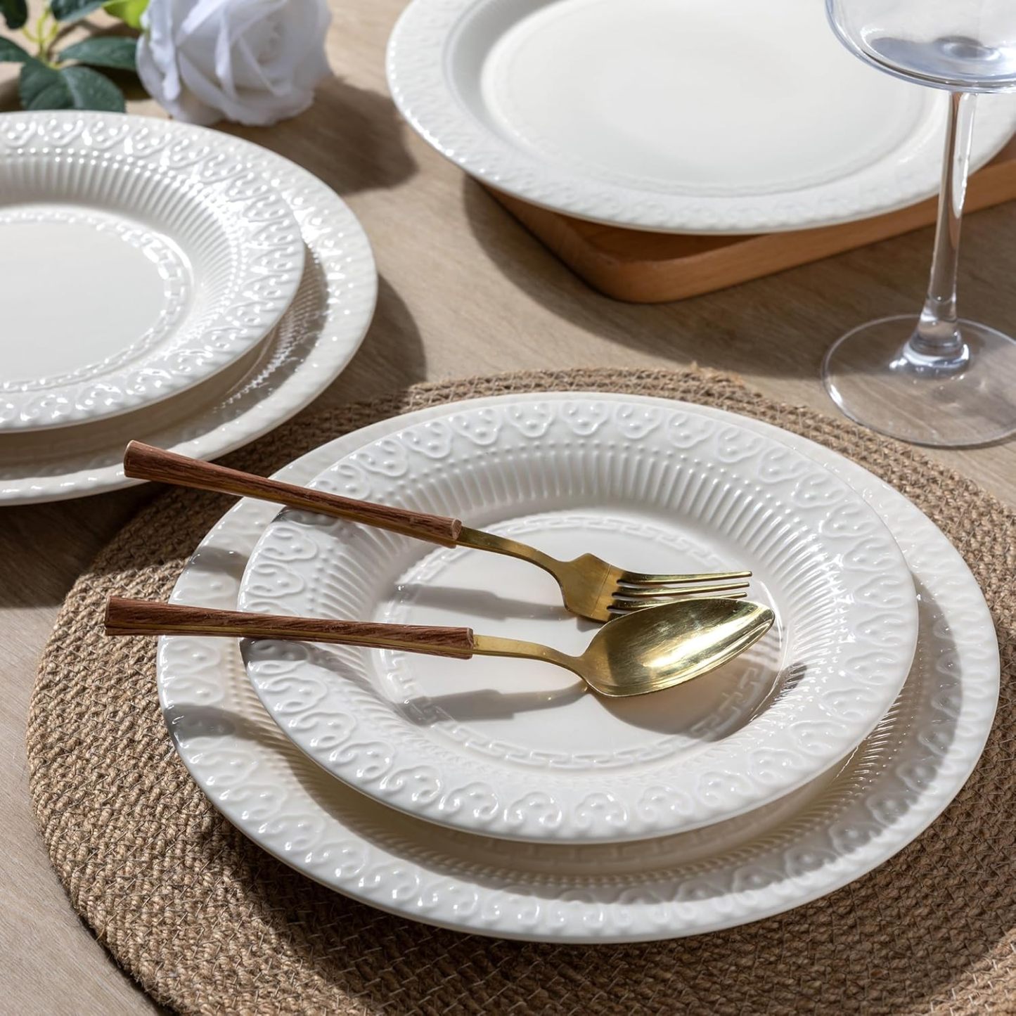 Ceramic Dinnerware Sets for 4, 12 Pieces Plates and Bowls Set with Embossed Royal Pattern, Scratch Resistant Stoneware Dish Sets for Dinner, Oven,Dishwasher & Microwave Safe