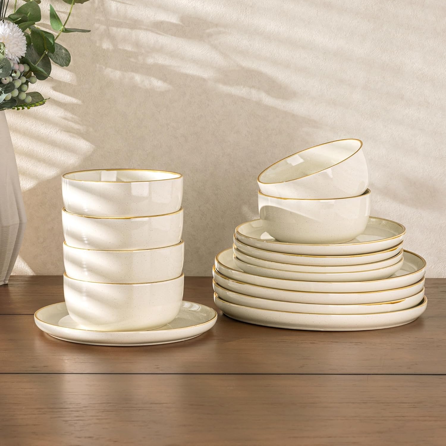 Dinnerware Set, 18 Pieces Ceramic Plates and Bowls Set, Stoneware Plates Set Handpainted, Dishwasher & Microwave Safe Dishes Set (Speckled Beige, Service for 6)