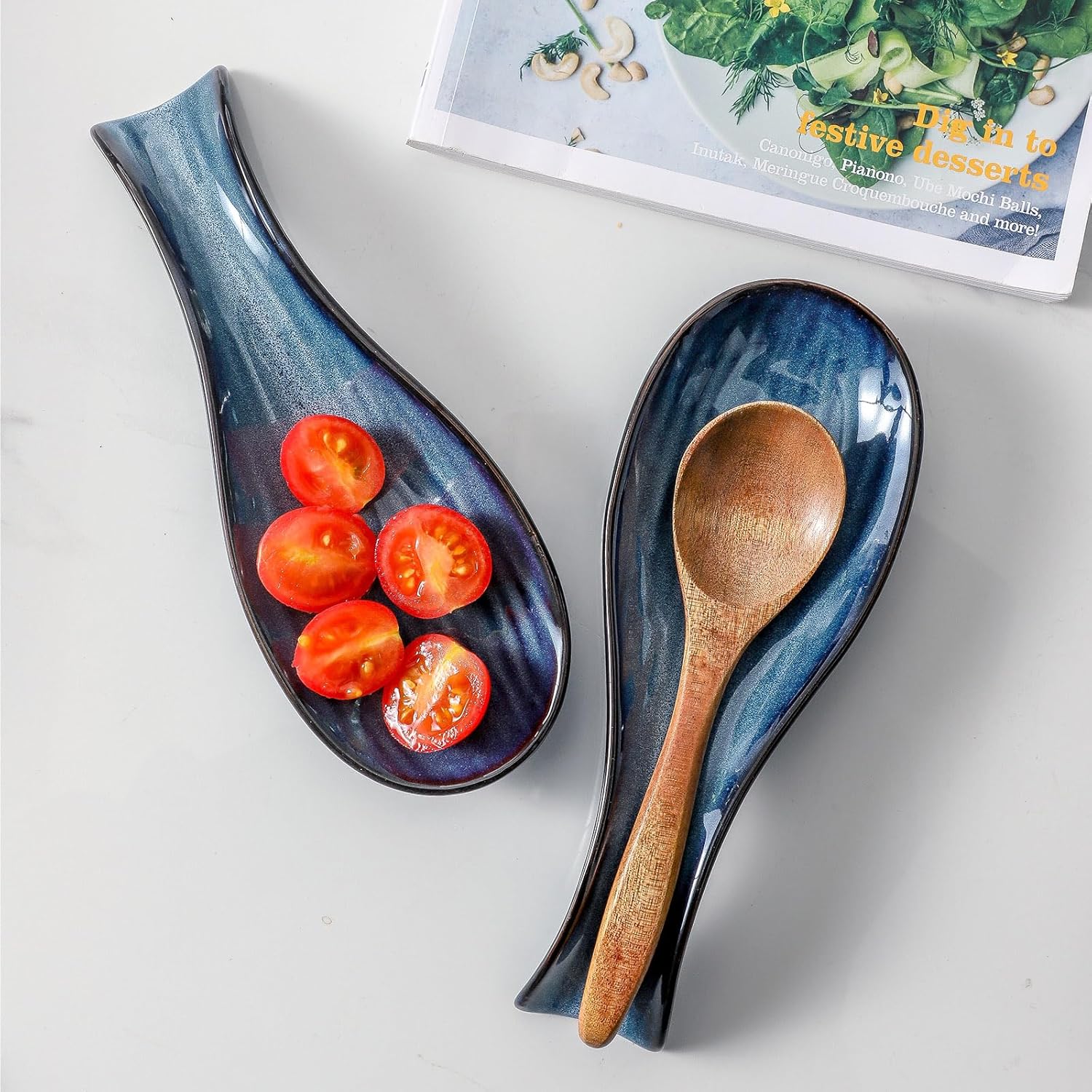 Butter Dish with Lid and Ceramic Spoon Rest Set for Countertop, 2 Pieces Navy Reactive Glaze Dinnerware Accessories Set Perfect for Home Decor