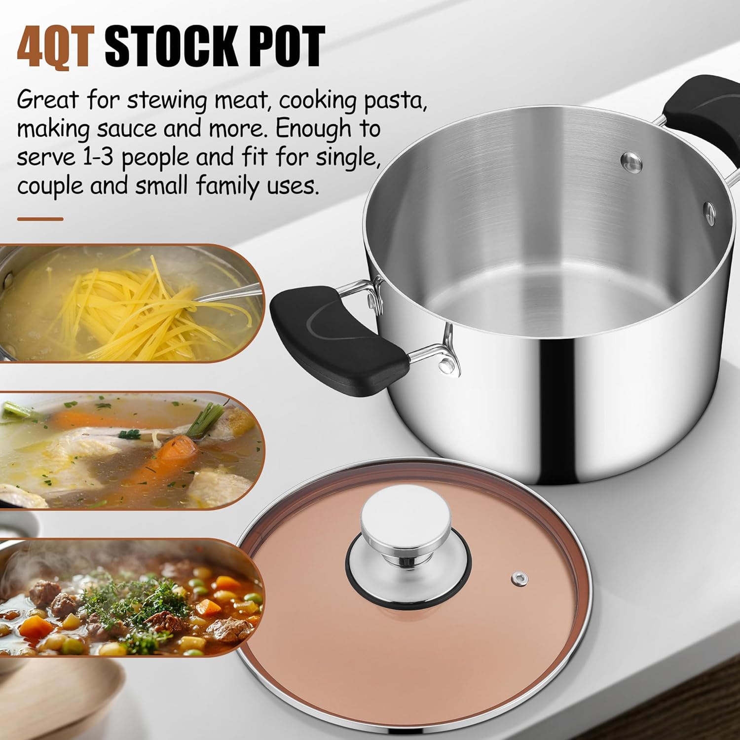 Stainless Steel Tri-ply Pasta Cooking Pot & Glass Lid with Heat-proof Handles, for Cooking Baking Boiling, Non-toxic & Heavy Duty, Various Stovetops & Dishwasher Safe