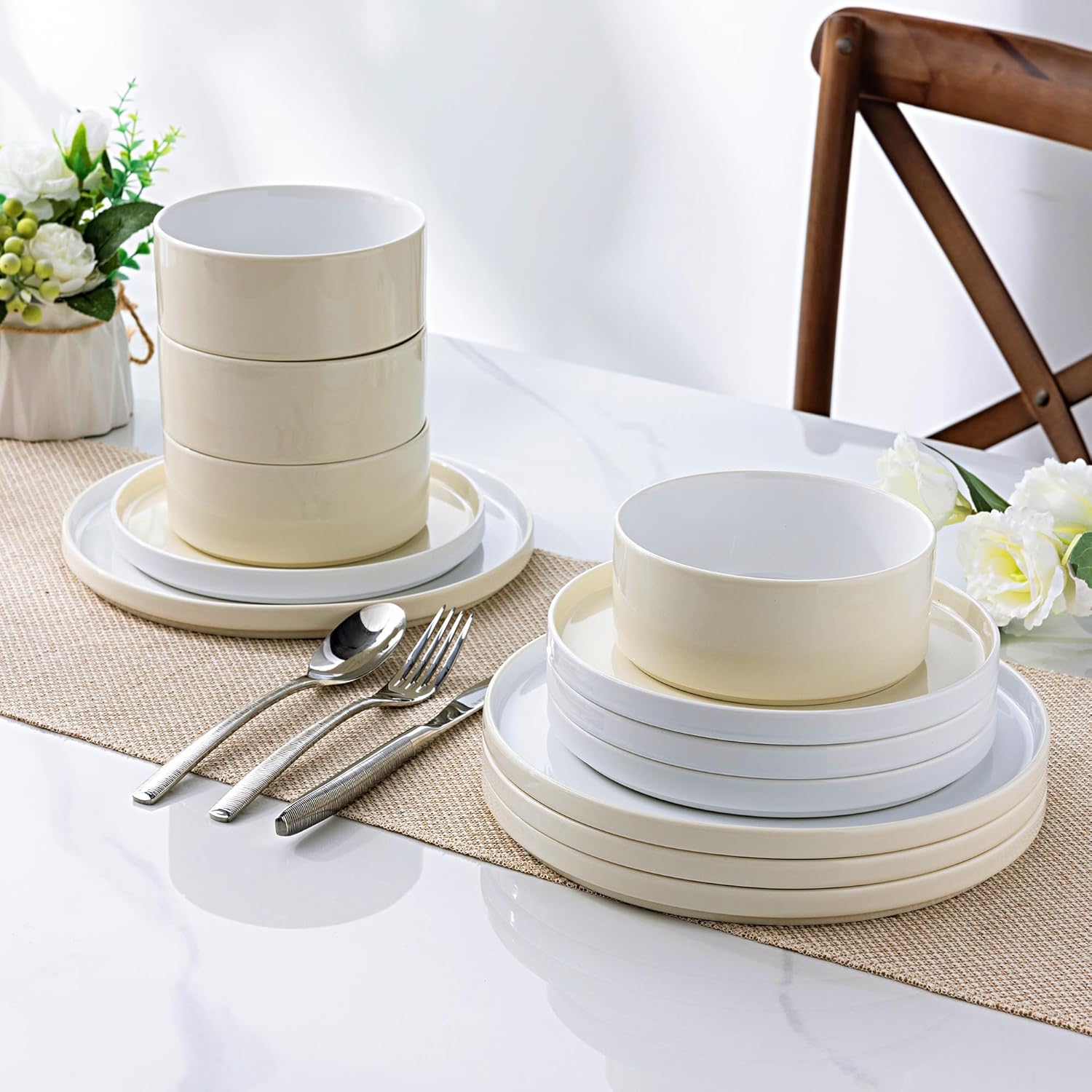 Ceramic Dinnerware Sets for 4, Modern Stoneware Plates and Bowls Sets,Chip and Crack Resistant | Dishwasher & Microwave Safe Ceramic Dishes Set,Service for 4 (12pc)-White&Beige