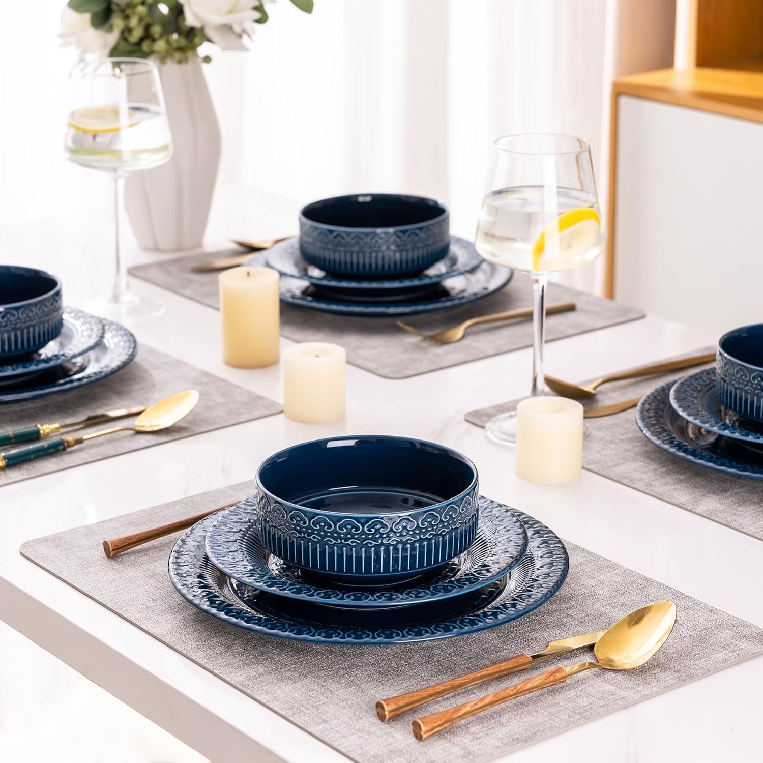Ceramic Dinnerware Sets for 4, 12 Pieces Blue Plates and Bowls Set with Embossed Royal Pattern, Scratch Resistant Stoneware Dish Sets for Dinner, Dishwasher & Microwave Safe