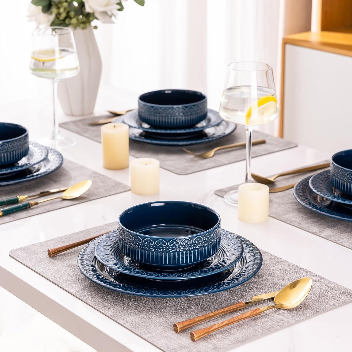 Ceramic Dinnerware Sets for 4, 12 Pieces Blue Plates and Bowls Set with Embossed Royal Pattern, Scratch Resistant Stoneware Dish Sets for Dinner, Dishwasher & Microwave Safe