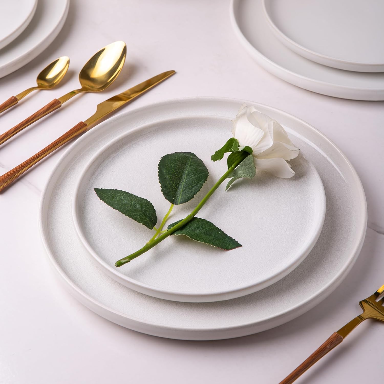 Stoneware Plates Set of 6, 10.5 Inch Ceramic Plates Set, Microwave,Dishwasher Safe,Scratch Resistant, Modern Large Dinnerware Dishes Set Kitchen Dinner Plates-Reactive White