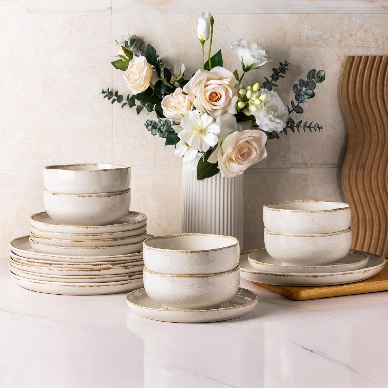 Ceramic Dinnerware Sets, Wavy Rim Stoneware Plates and Bowls Sets, Highly Chip and Crack Resistant | Dishwasher & Microwave Dishes set, Service for 6 (18pc)-Speckled Cappuccino