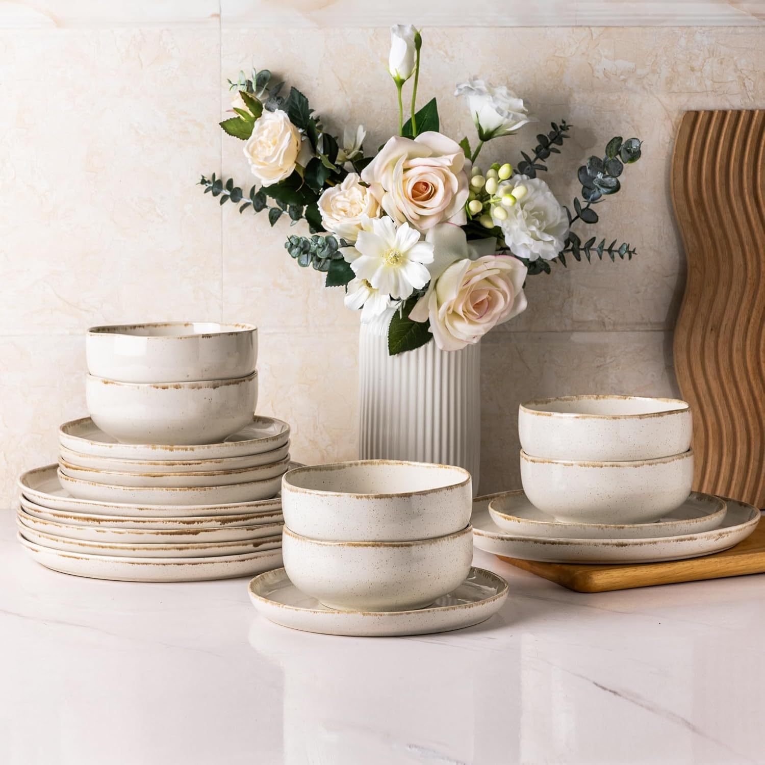 Ceramic Dinnerware Sets, Wavy Rim Stoneware Plates and Bowls Sets, Highly Chip and Crack Resistant | Dishwasher & Microwave Dishes set, Service for 6 (18pc)-Speckled Cappuccino