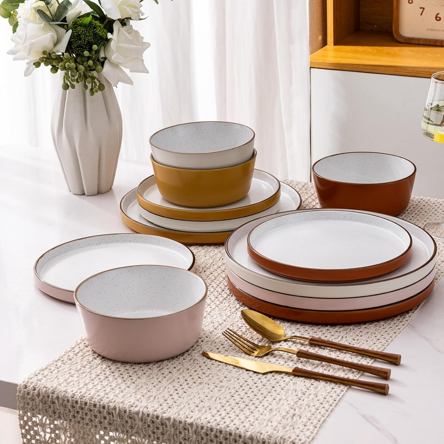 Dinnerware Set for 4, 12 Pieces Ceramic Plates and Bowls Set, Handcrafted Speckled Stoneware Plates Set, Dishwasher & Microwave Safe Dishes Set- (Multicolor, Service for 4)