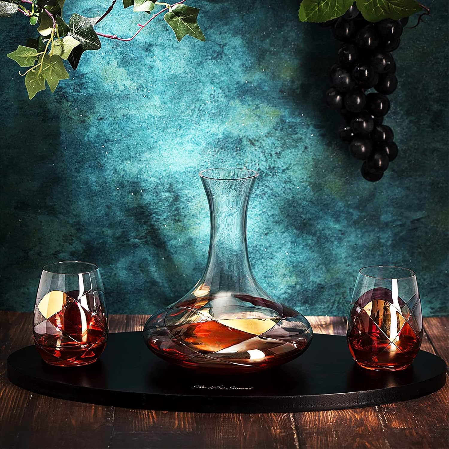 Artisanal Hand Painted Decanter & Stemless Wine Glasses Set - Renaissance Romantic Stain-glassed Windows, 2 Set