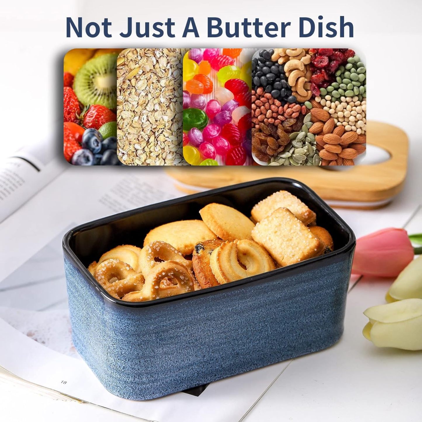 Butter Dish with Lid for Countertop and Refrigerator, Large Ceramic Covered Butter Holder Keeper Container