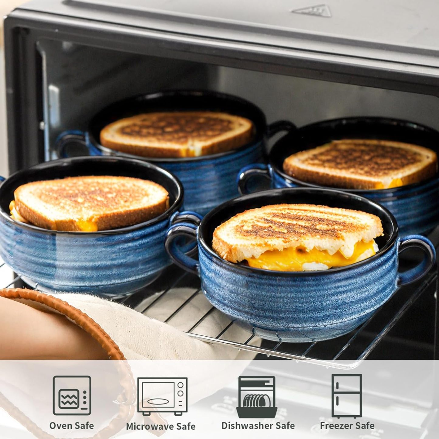 Soup Bowls, 24oz French Onion Soup Bowls with Handle Set of 6, Serving Soup Crock for Stew, Pasta, Chili, Stackable Oven Safe Bowls, Microwave Dishwasher Safe, Blue