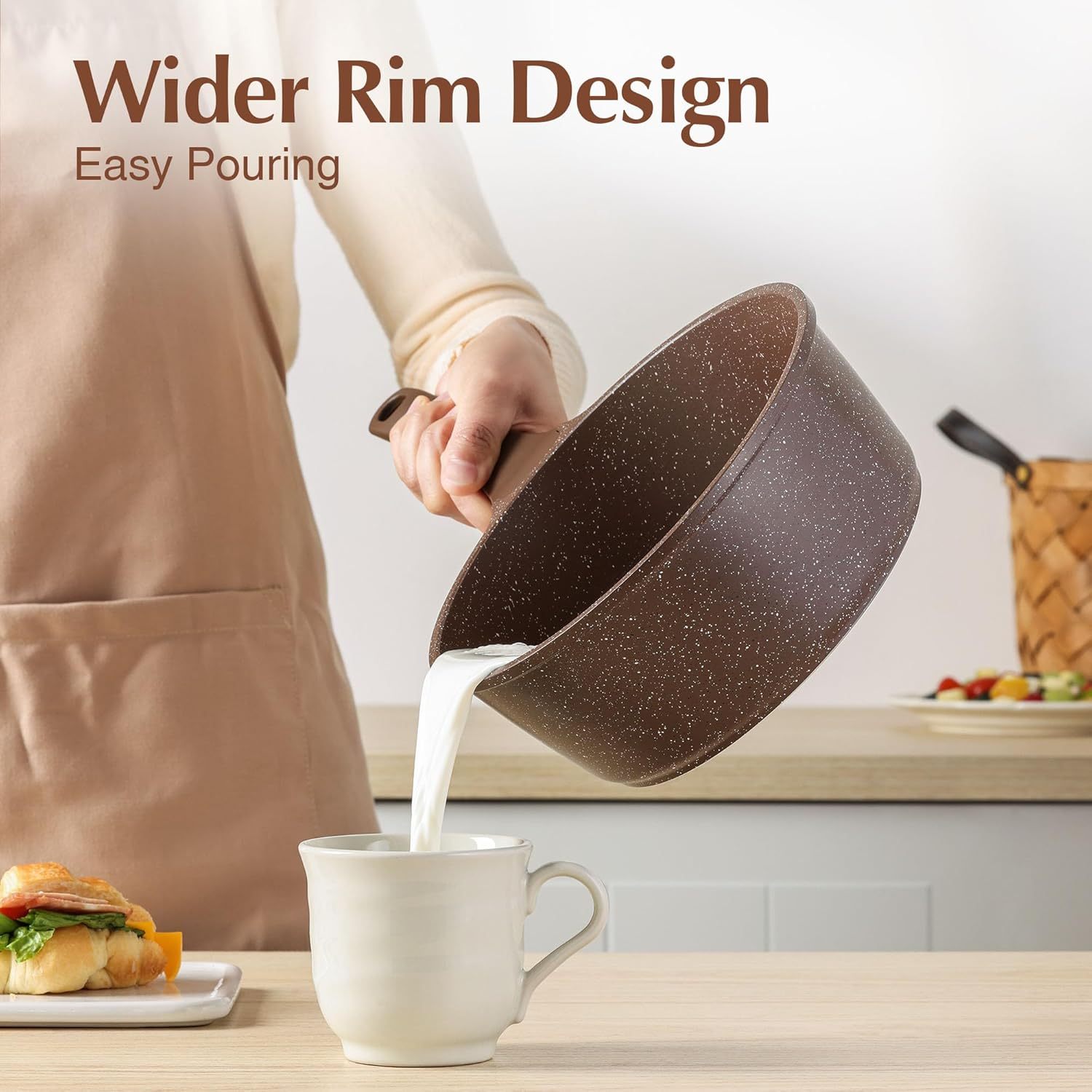 Saucepan Nonstick with Lid 2.0 Quarts Granite Coating Sauce Pot Small Kitchen Cooking Pot, Induction Comptable, PFOA Free