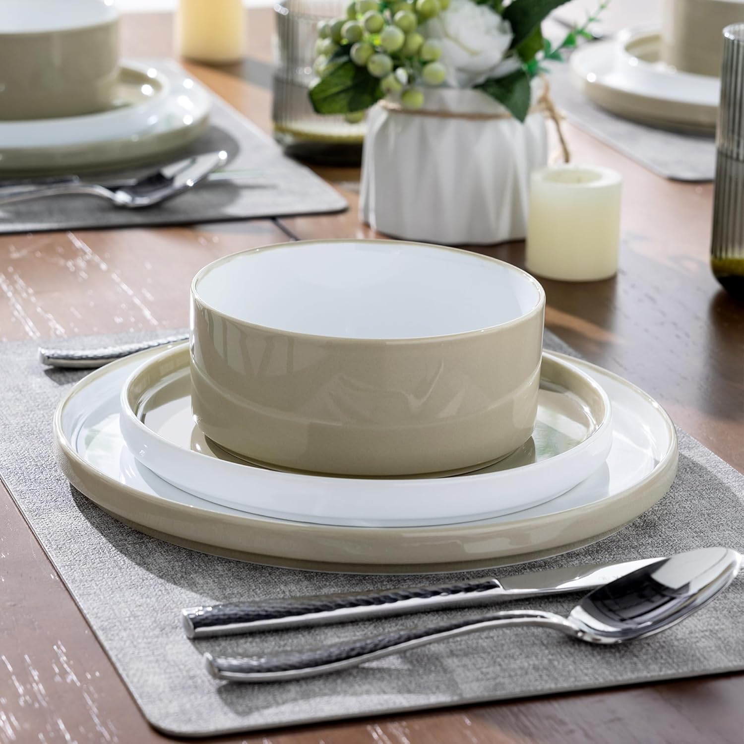 Ceramic Dinnerware Sets for 4, Modern Stoneware Plates and Bowls Sets,Chip and Crack Resistant | Dishwasher & Microwave Safe Ceramic Dishes Set,Service for 4 (12pc)-White&Khaki