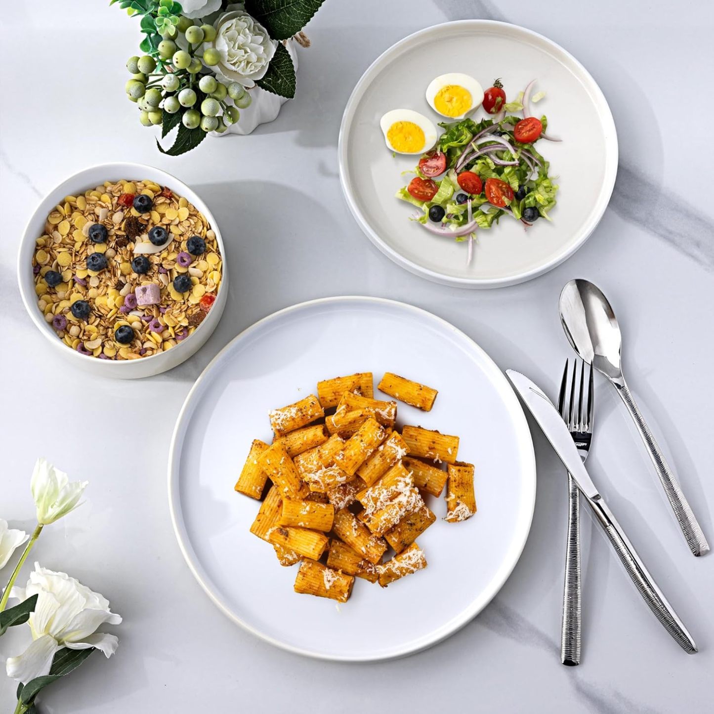 Ceramic Dinnerware Sets for 4, Modern Stoneware Plates and Bowls Sets,Chip and Crack Resistant | Dishwasher & Microwave Safe Ceramic Dishes Set,Service for 4 (12pc)-White&Beige