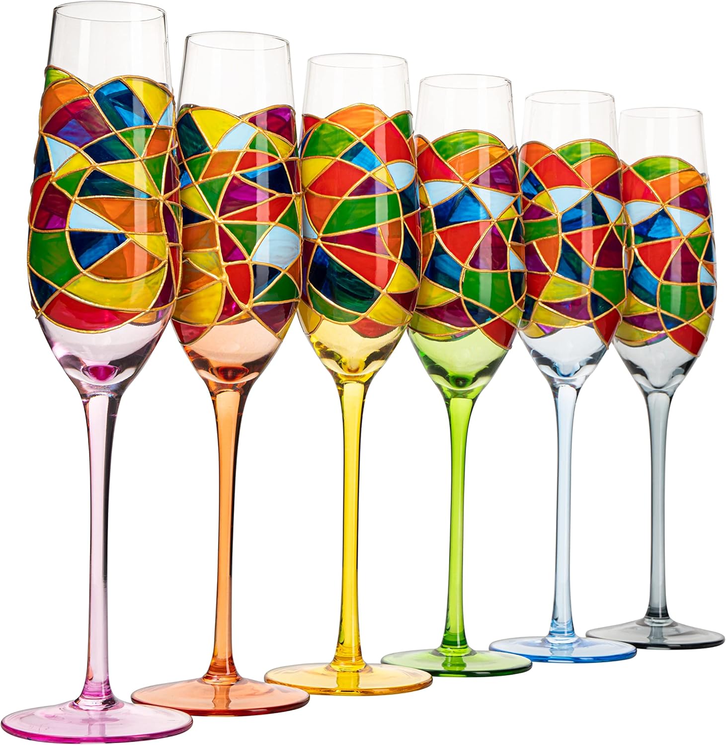 Hand Blown 7 Ounce Colorful Renaissance Champagne Glasses - 10.2" Tall, 2.7" Diameter