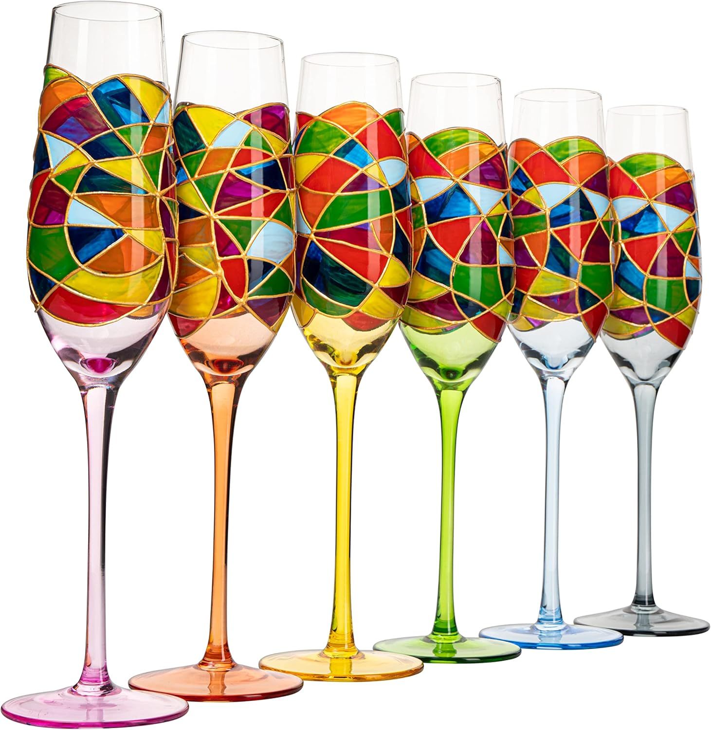 Hand Blown 7 Ounce Colorful Renaissance Champagne Glasses - 10.2" Tall, 2.7" Diameter