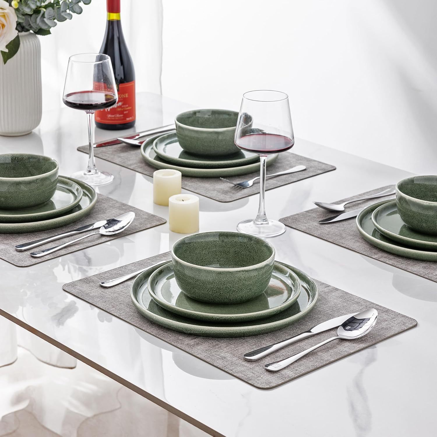 Stoneware Dinnerware Sets,Round Reactive Glaze Ceramic Plates and Bowls Set,Highly Chip and Crack Resistant | Dishwasher & Microwave Safe Dishes,Service for 6 (18pc) Jade Green